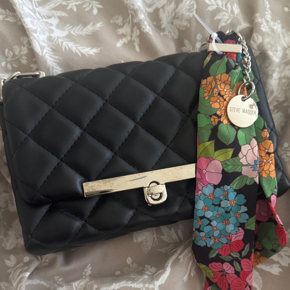 Steve Madden Black Quilted Shoulder Bag with Floral Scarf